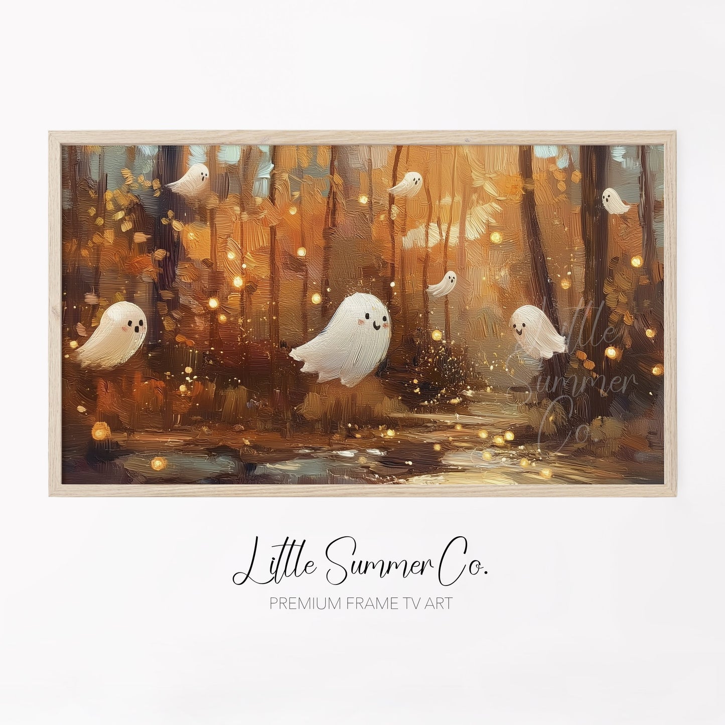 Cute Ghosts in Autumn Forest Frame TV Art displayed on a TV