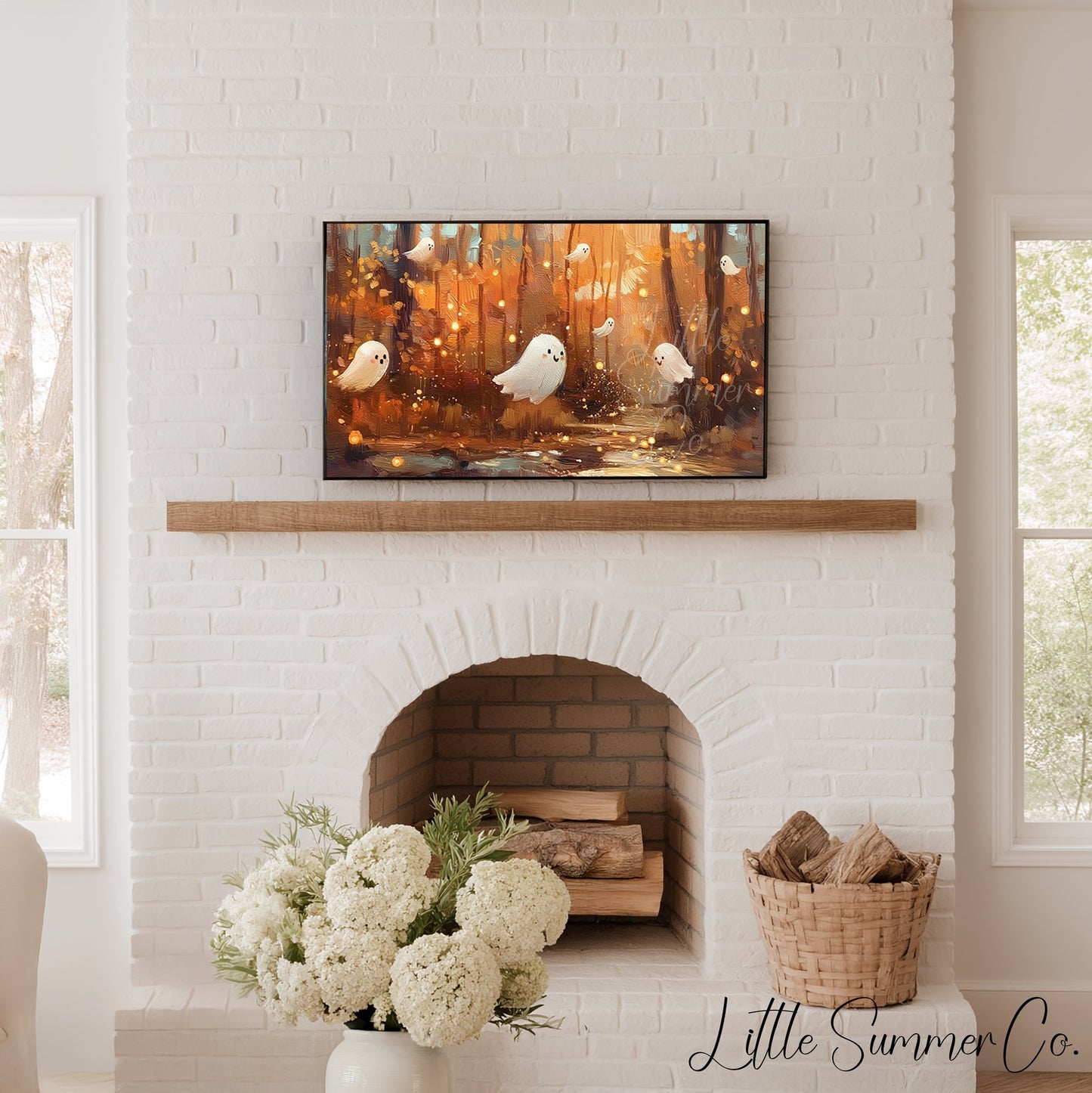 Cute Ghosts in Autumn Forest Frame TV Art displayed on a TV