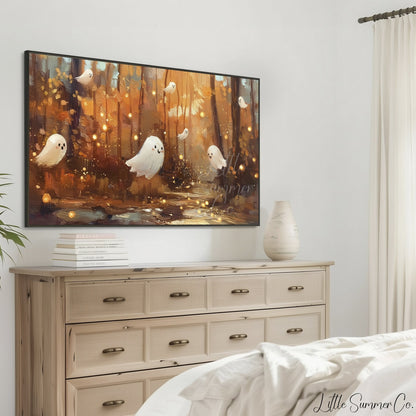 Cute Ghosts in Autumn Forest Frame TV Art displayed on a TV