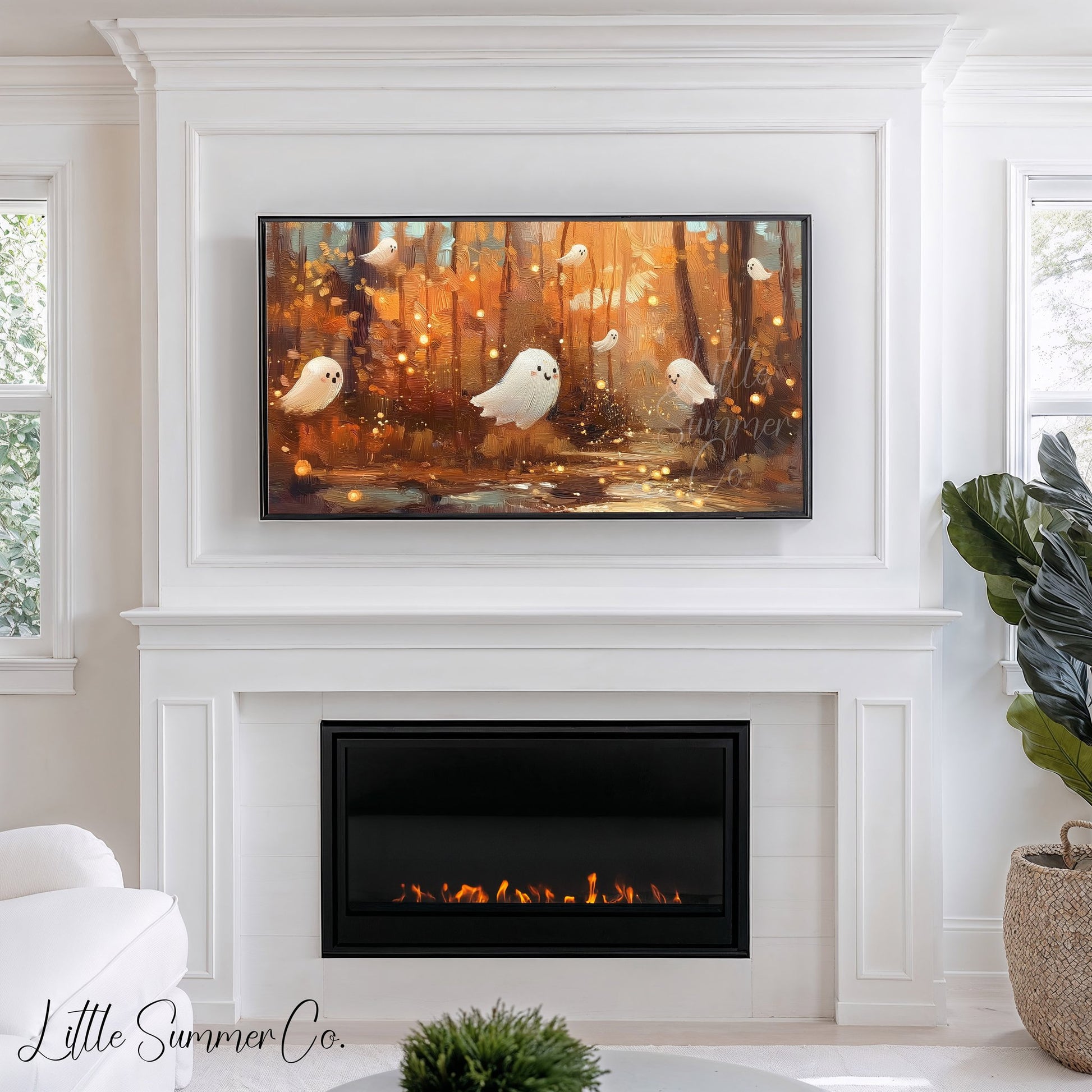 Cute Ghosts in Autumn Forest Frame TV Art displayed on a TV