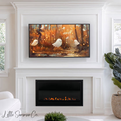Cute Ghosts in Autumn Forest Frame TV Art displayed on a TV