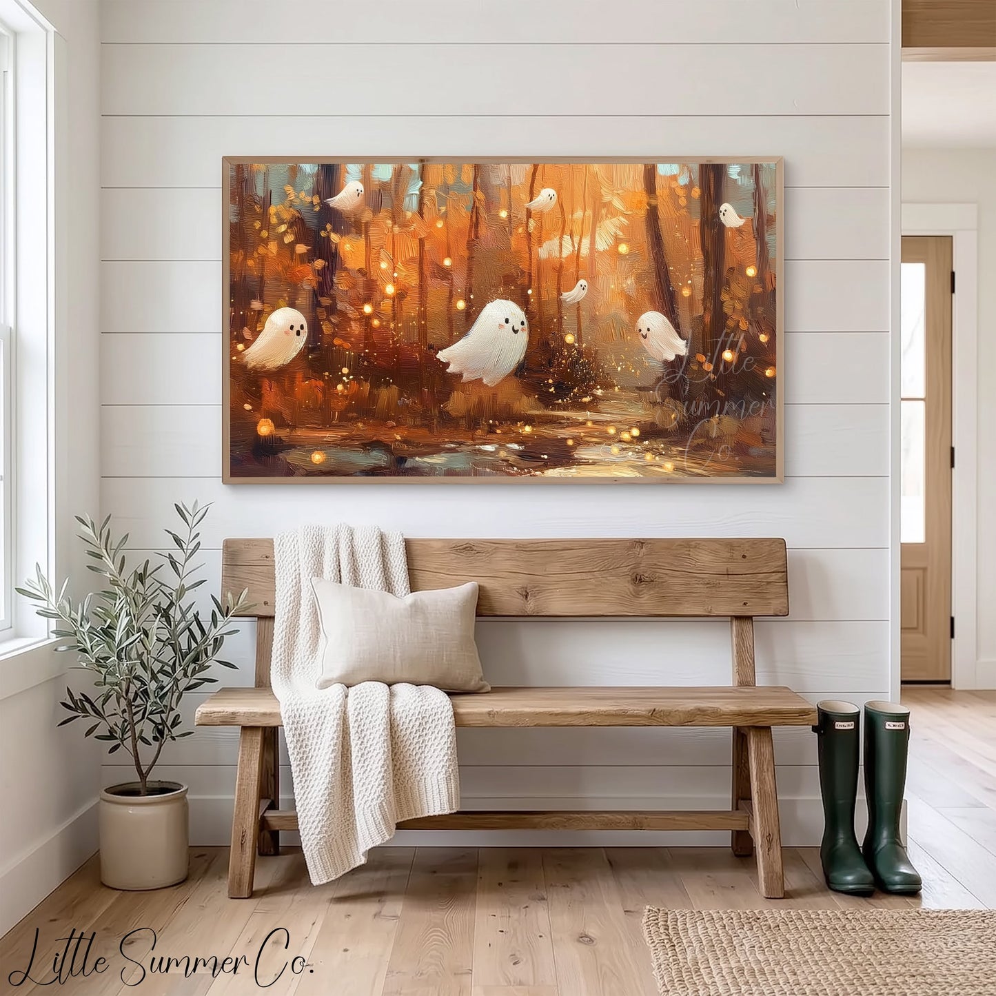 Cute Ghosts in Autumn Forest Frame TV Art displayed on a TV