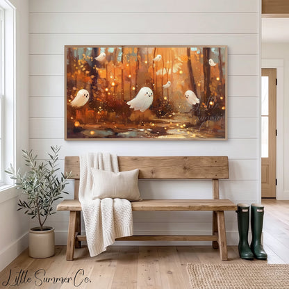 Cute Ghosts in Autumn Forest Frame TV Art displayed on a TV