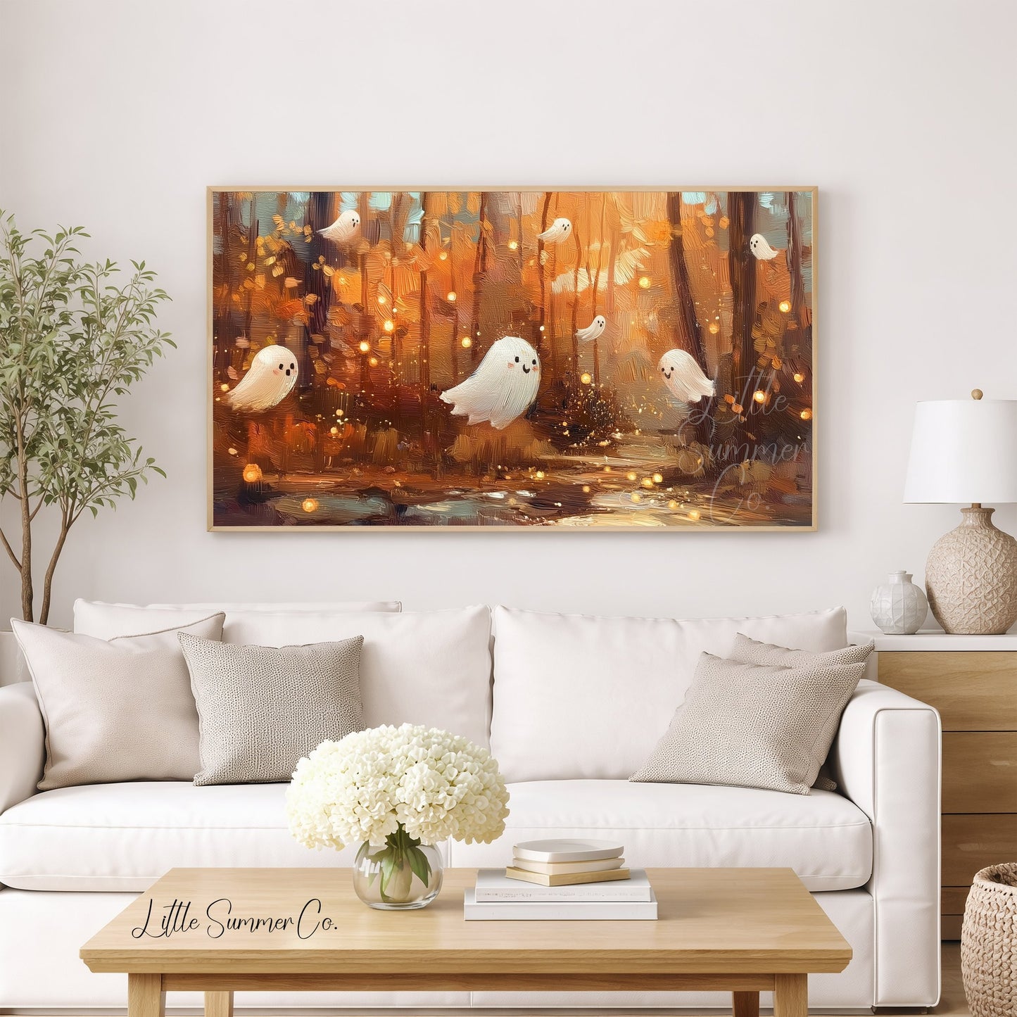Cute Ghosts in Autumn Forest Frame TV Art displayed on a TV