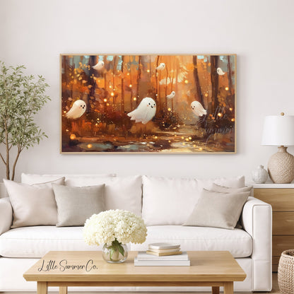 Cute Ghosts in Autumn Forest Frame TV Art displayed on a TV