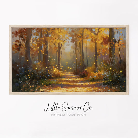 Glowing Autumn Forest Path Frame TV Art displayed on a TV