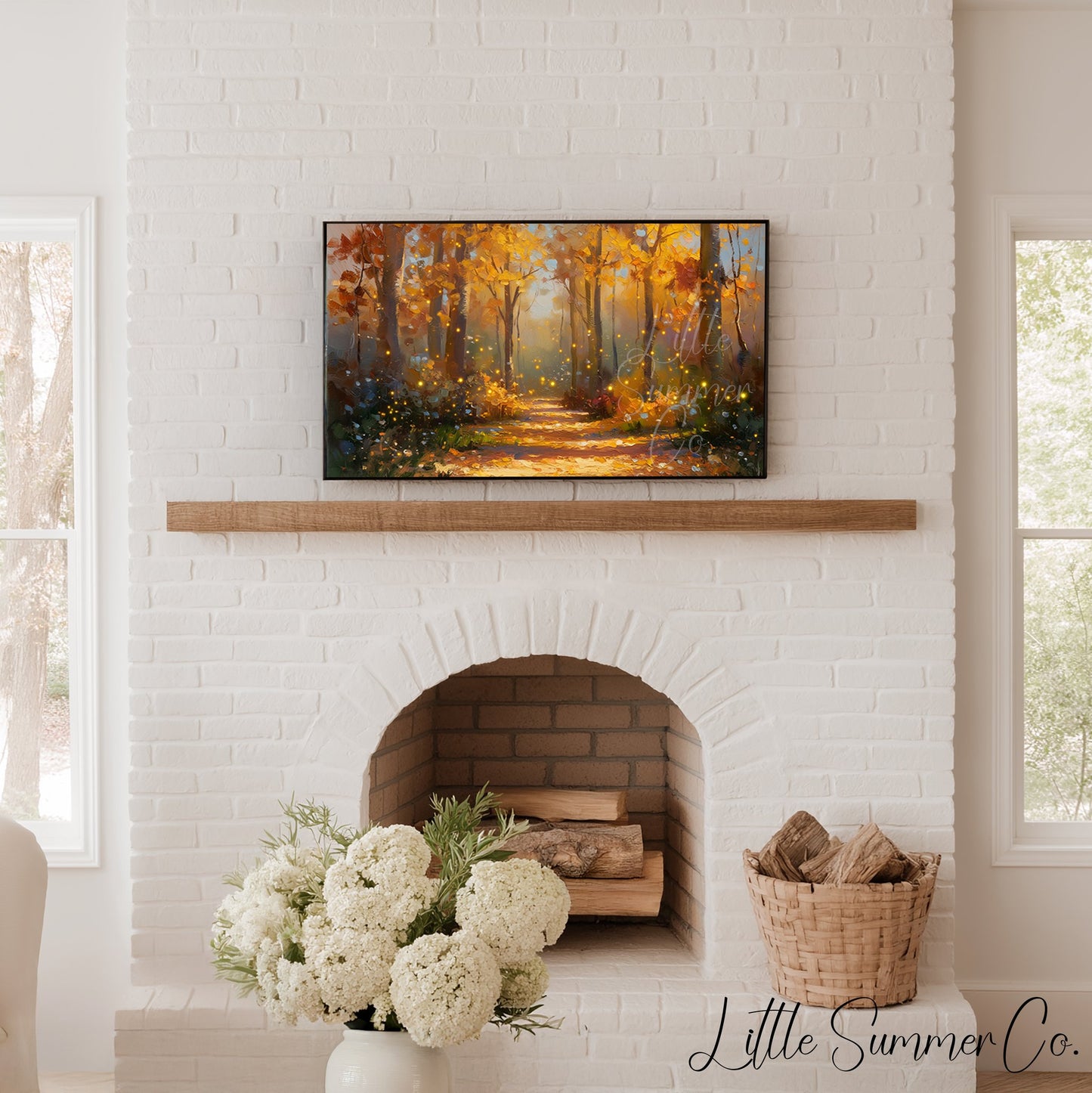 Glowing Autumn Forest Path Frame TV Art displayed on a TV