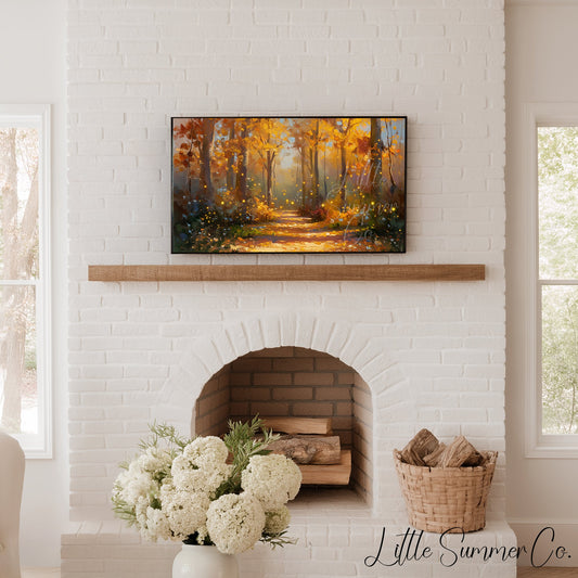 Glowing Autumn Forest Path Frame TV Art displayed on a TV