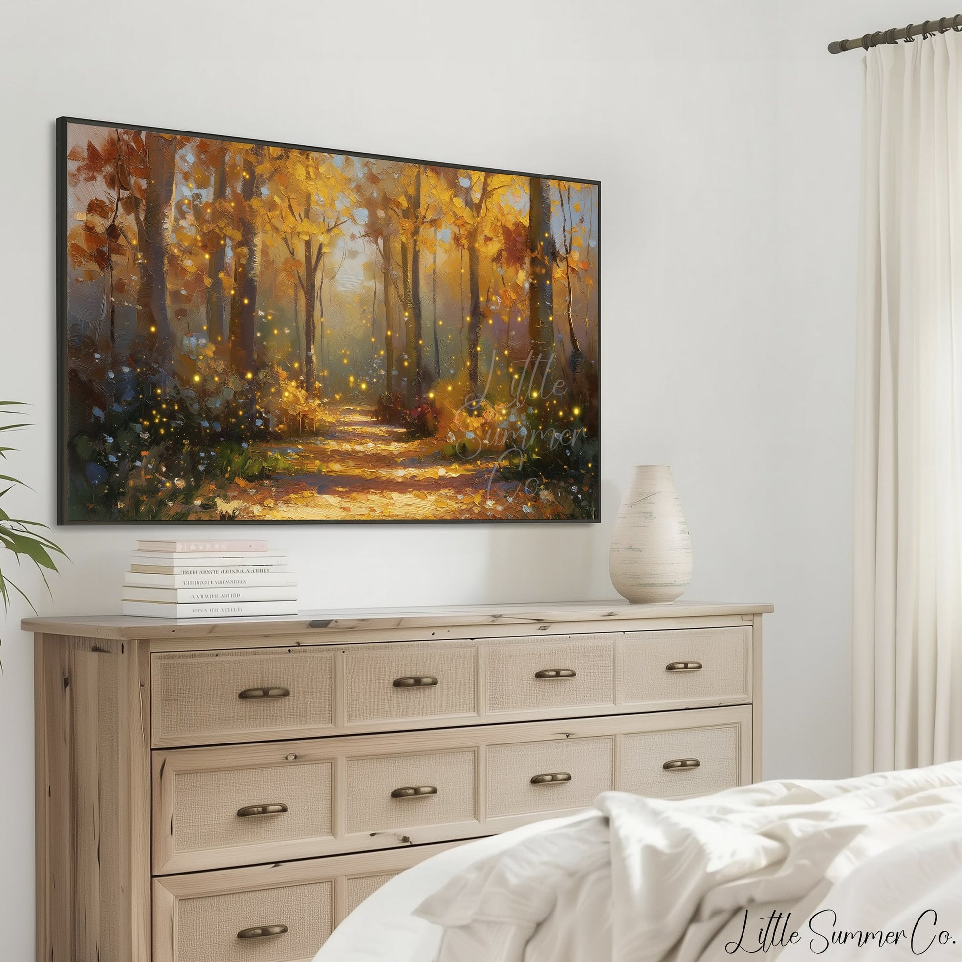 Glowing Autumn Forest Path Frame TV Art displayed on a TV