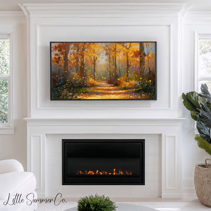 Glowing Autumn Forest Path Frame TV Art displayed on a TV