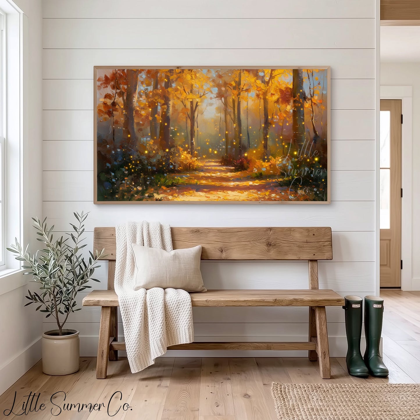 Glowing Autumn Forest Path Frame TV Art displayed on a TV