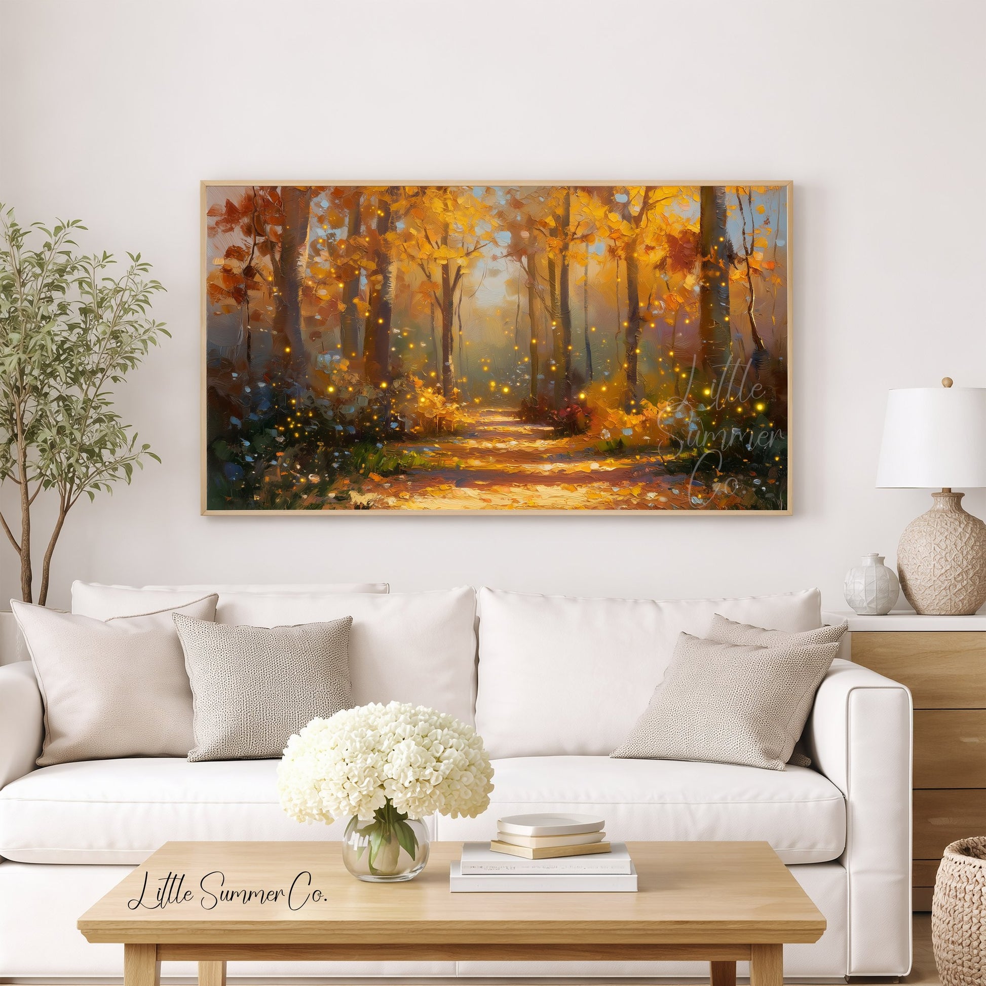 Glowing Autumn Forest Path Frame TV Art displayed on a TV
