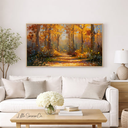 Glowing Autumn Forest Path Frame TV Art displayed on a TV