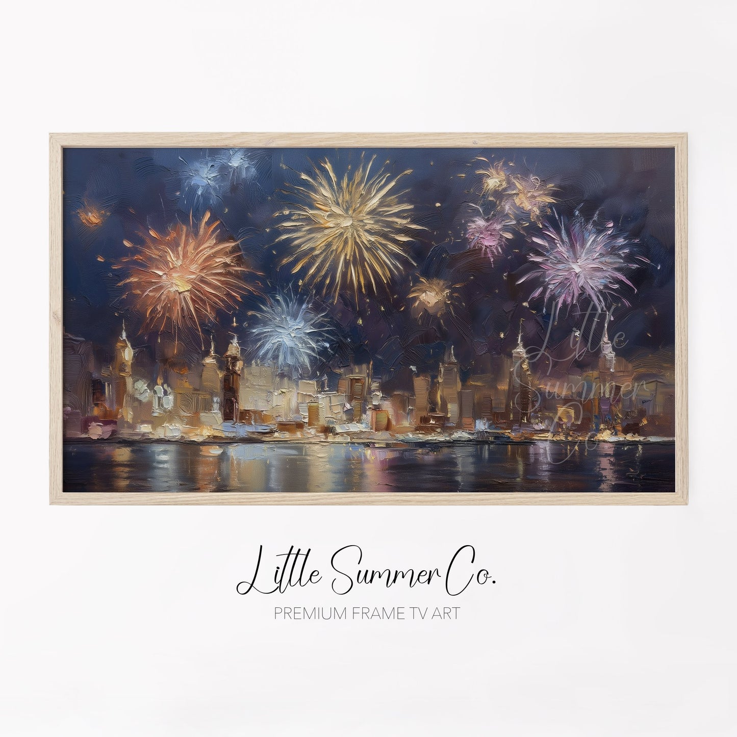 Fireworks Over City Skyline Frame TV Art displayed on a TV
