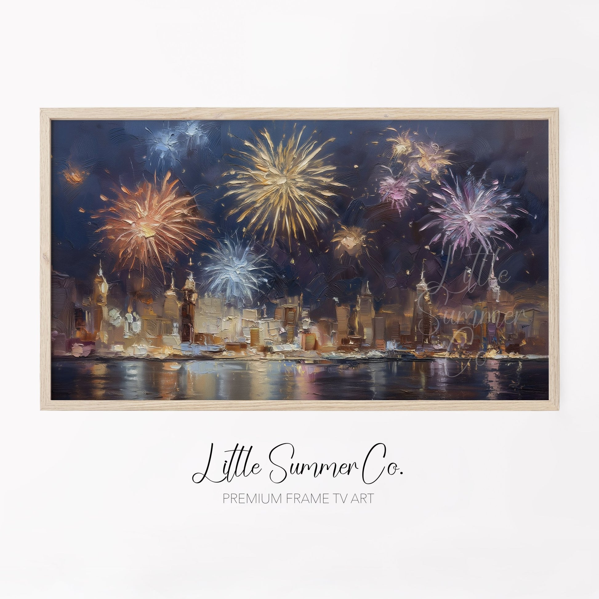 Fireworks Over City Skyline Frame TV Art displayed on a TV