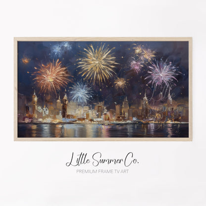 Fireworks Over City Skyline Frame TV Art displayed on a TV