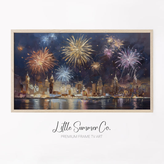 Fireworks Over City Skyline Frame TV Art displayed on a TV