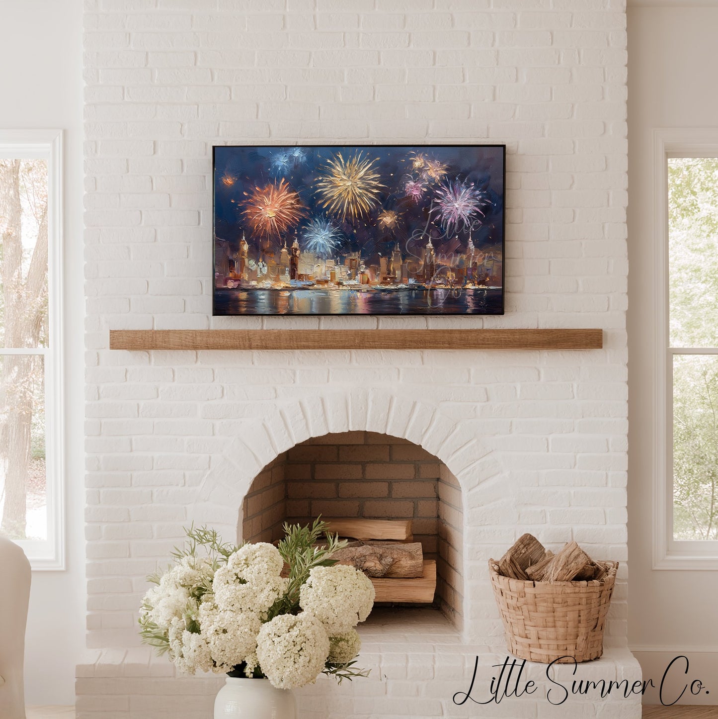 Fireworks Over City Skyline Frame TV Art displayed on a TV