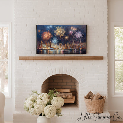 Fireworks Over City Skyline Frame TV Art displayed on a TV