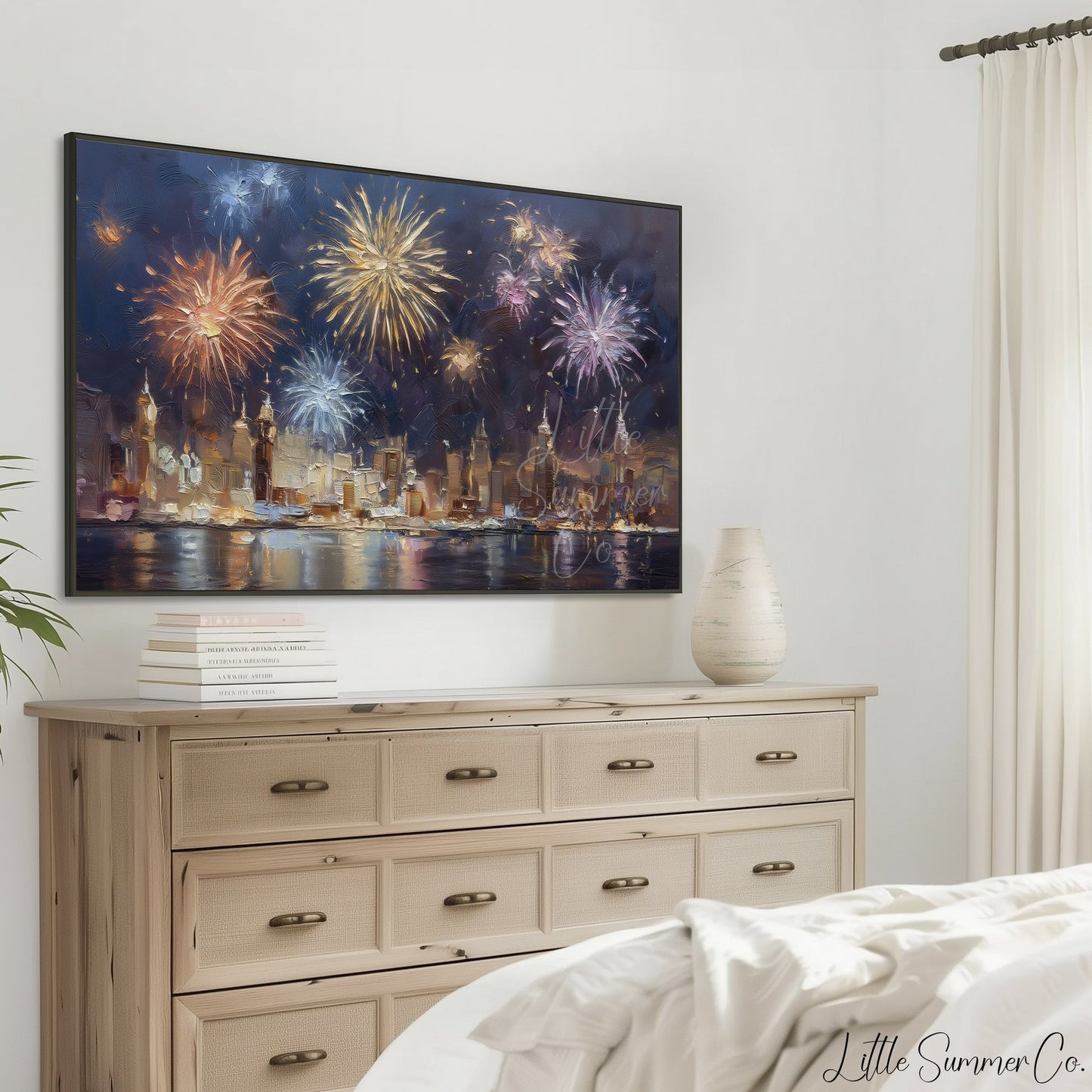Fireworks Over City Skyline Frame TV Art displayed on a TV