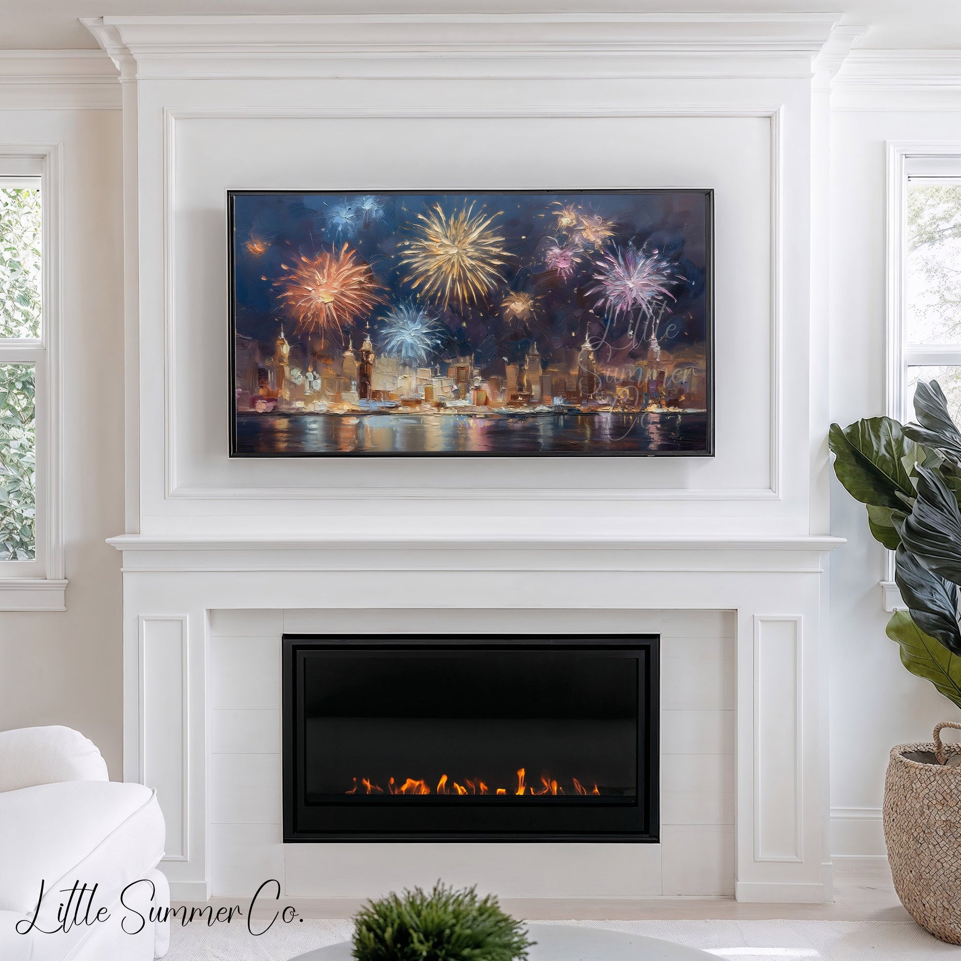 Fireworks Over City Skyline Frame TV Art displayed on a TV