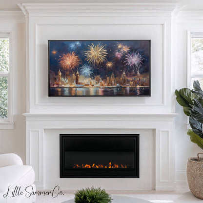 Fireworks Over City Skyline Frame TV Art displayed on a TV