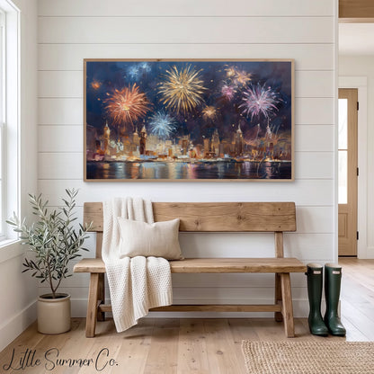 Fireworks Over City Skyline Frame TV Art displayed on a TV