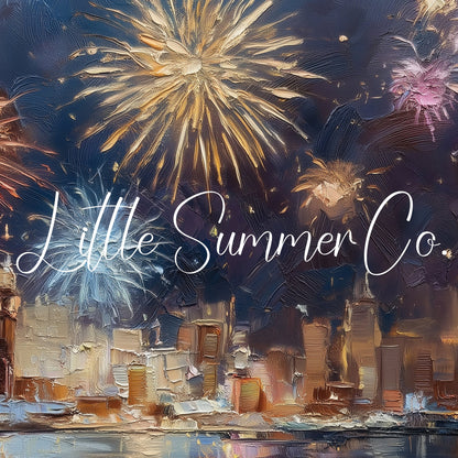 Fireworks Over City Skyline Frame TV Art displayed on a TV