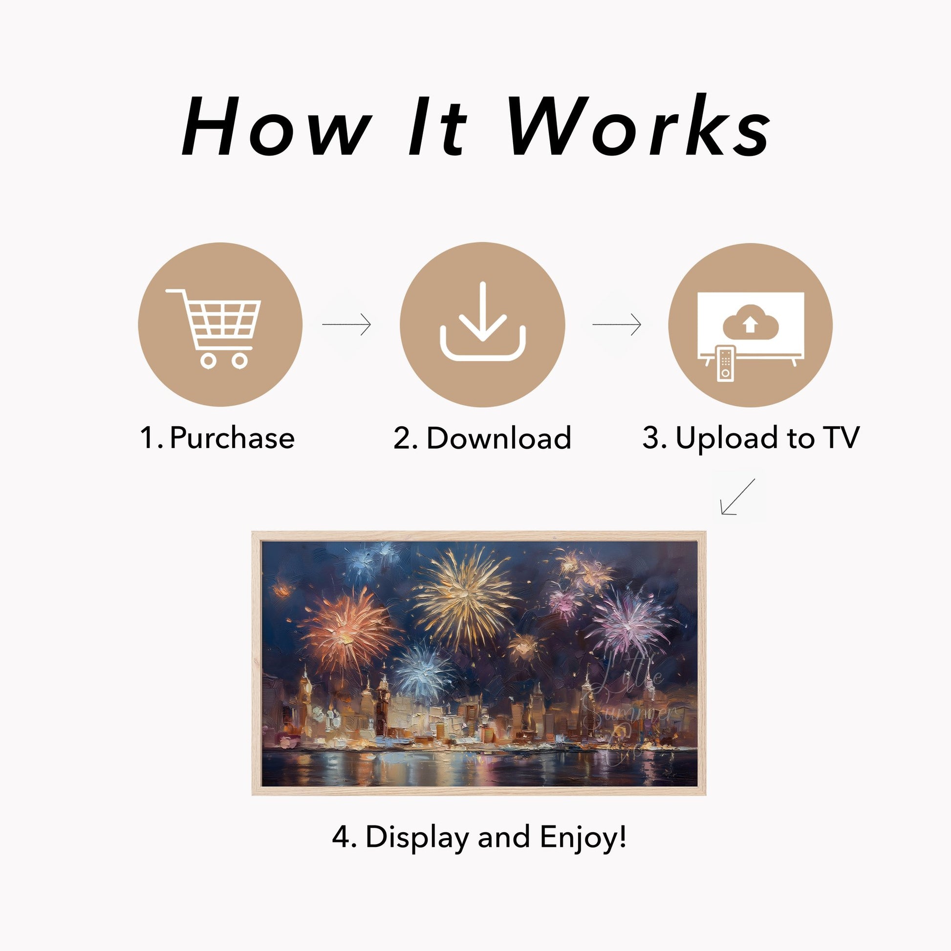 Fireworks Over City Skyline Frame TV Art displayed on a TV
