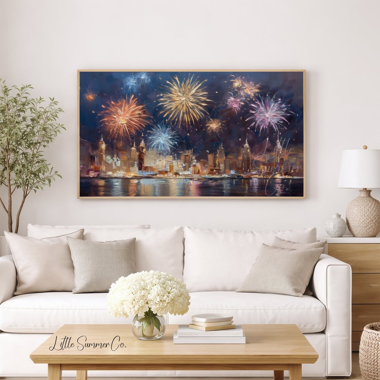 Fireworks Over City Skyline Frame TV Art displayed on a TV