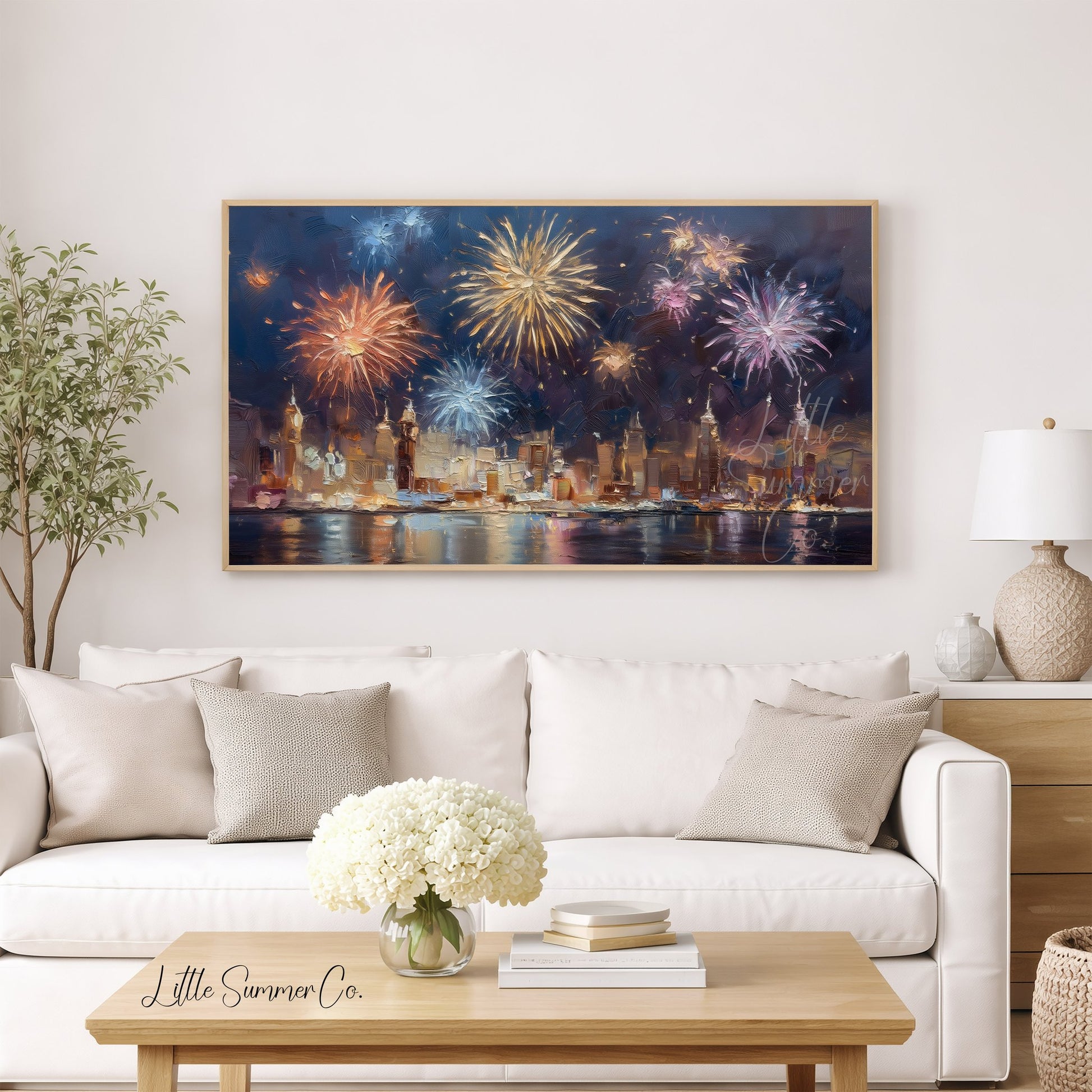 Fireworks Over City Skyline Frame TV Art displayed on a TV