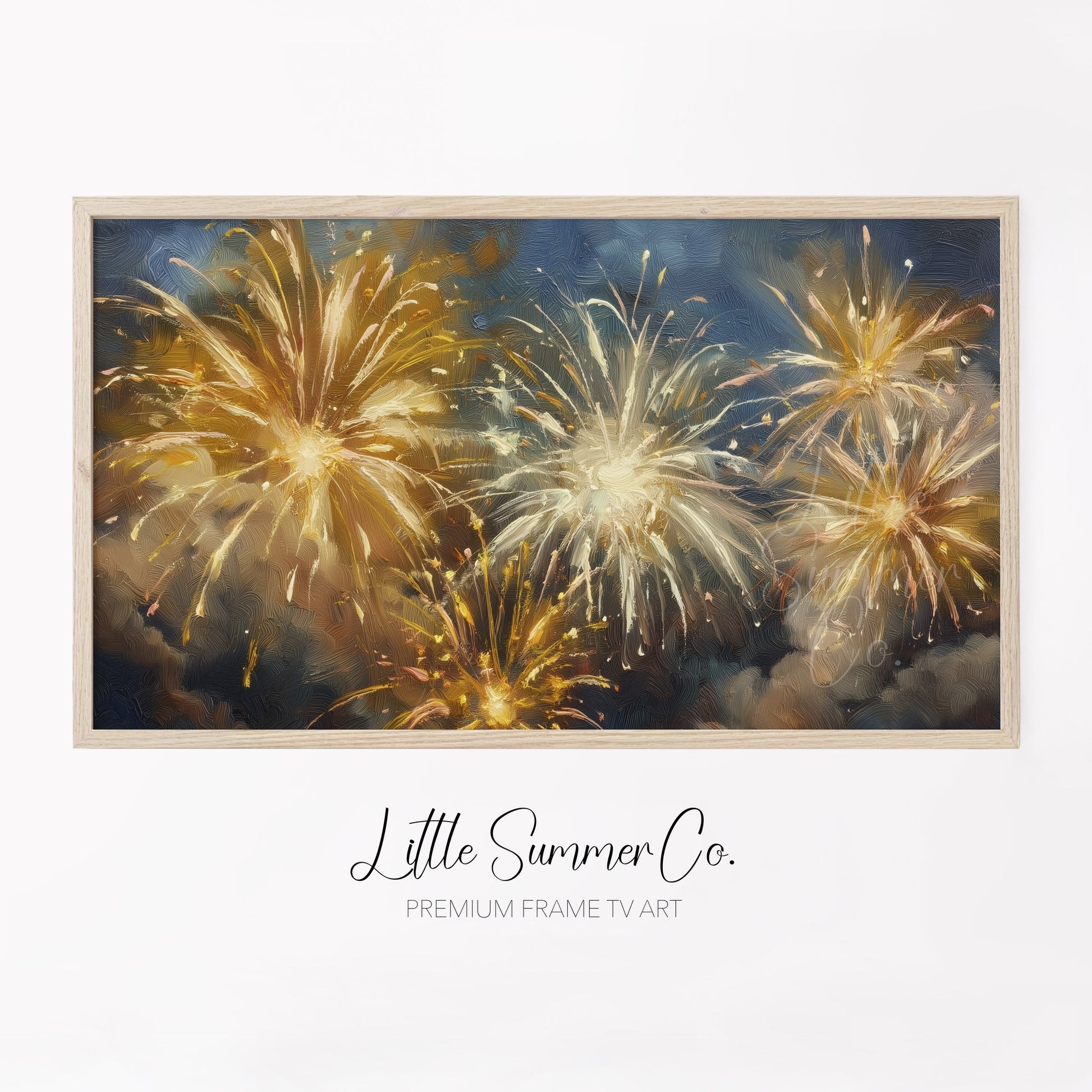 Golden Fireworks Night Sky Frame TV Art displayed on a TV