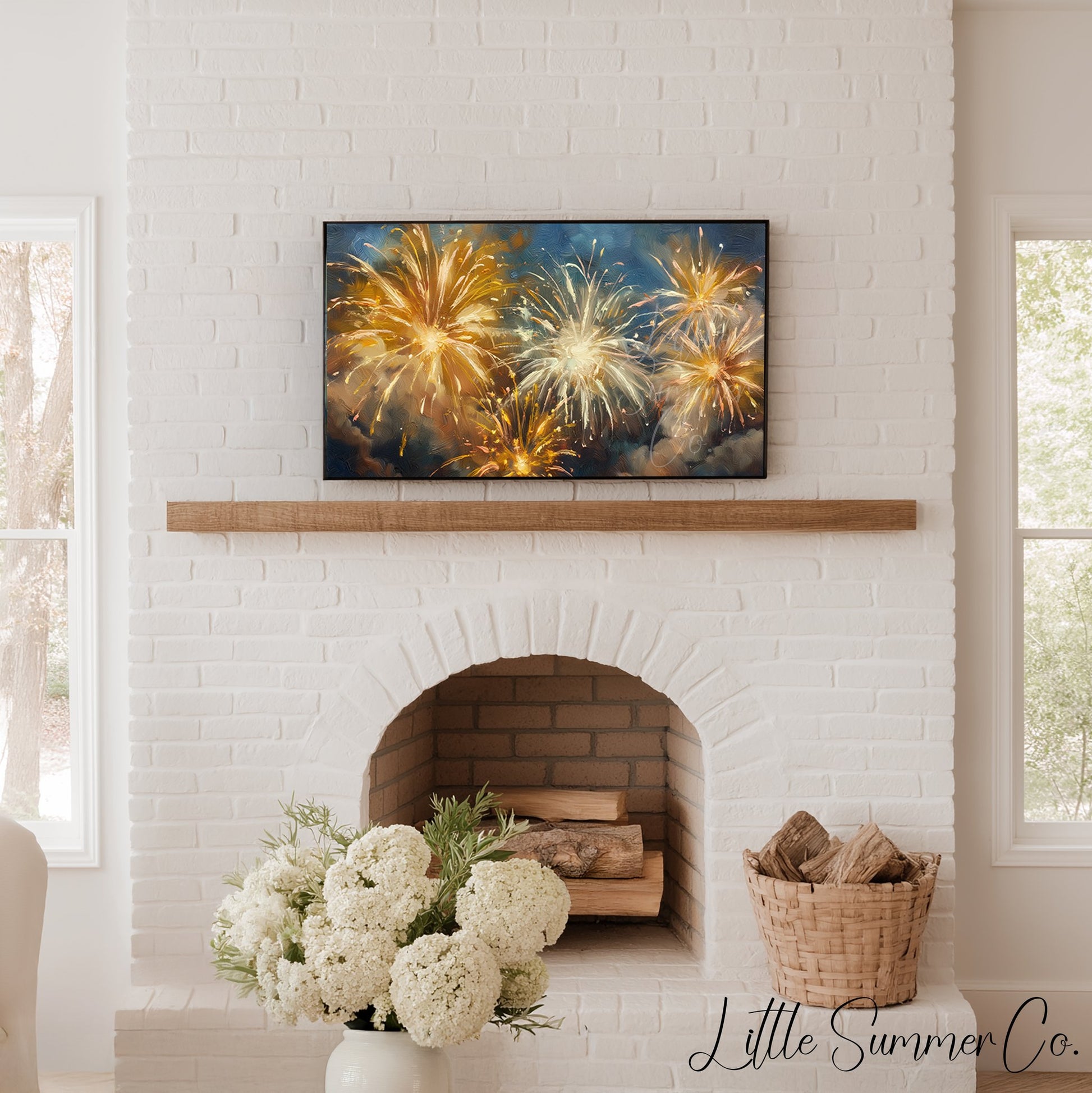 Golden Fireworks Night Sky Frame TV Art displayed on a TV