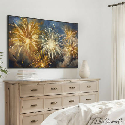 Golden Fireworks Night Sky Frame TV Art displayed on a TV