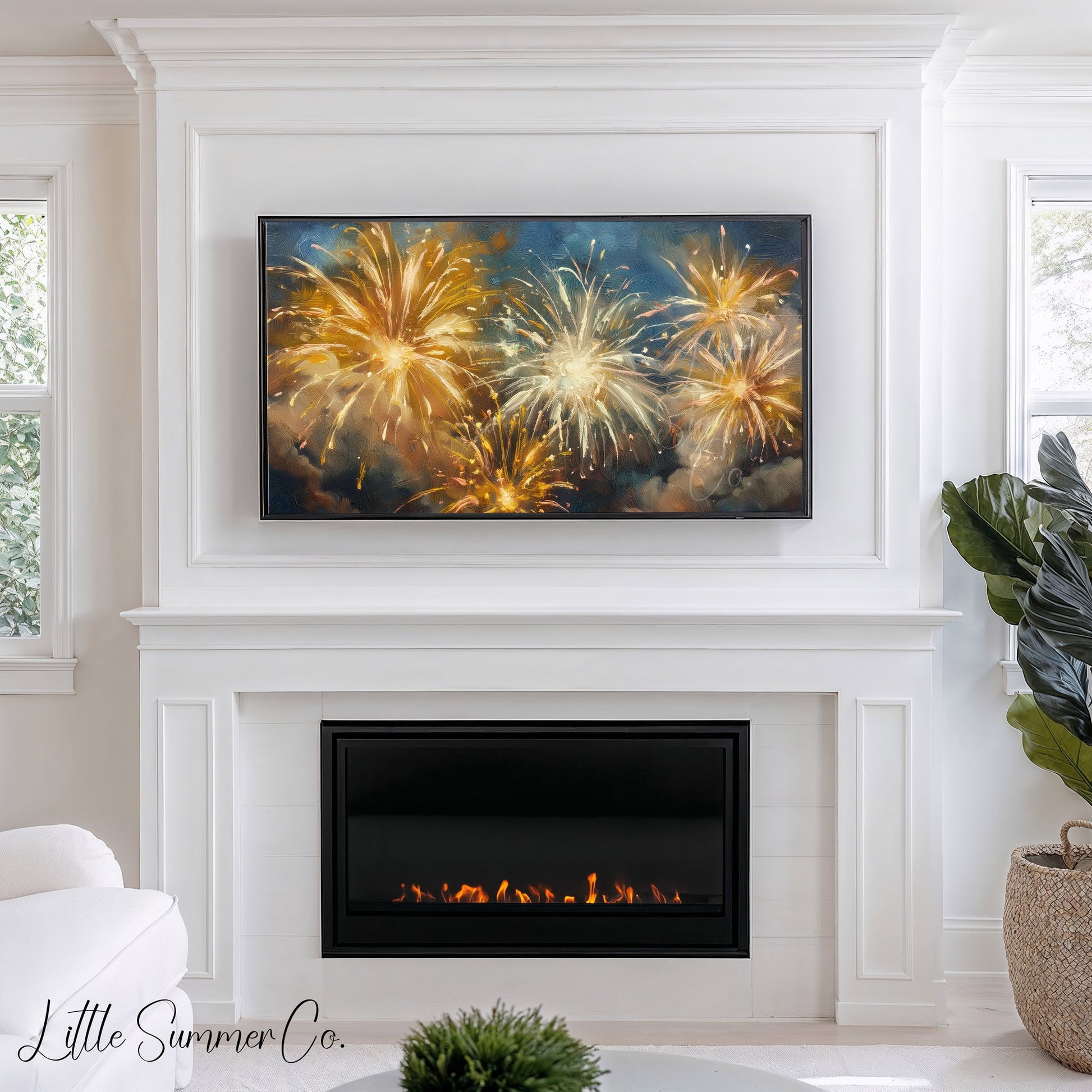 Golden Fireworks Night Sky Frame TV Art displayed on a TV