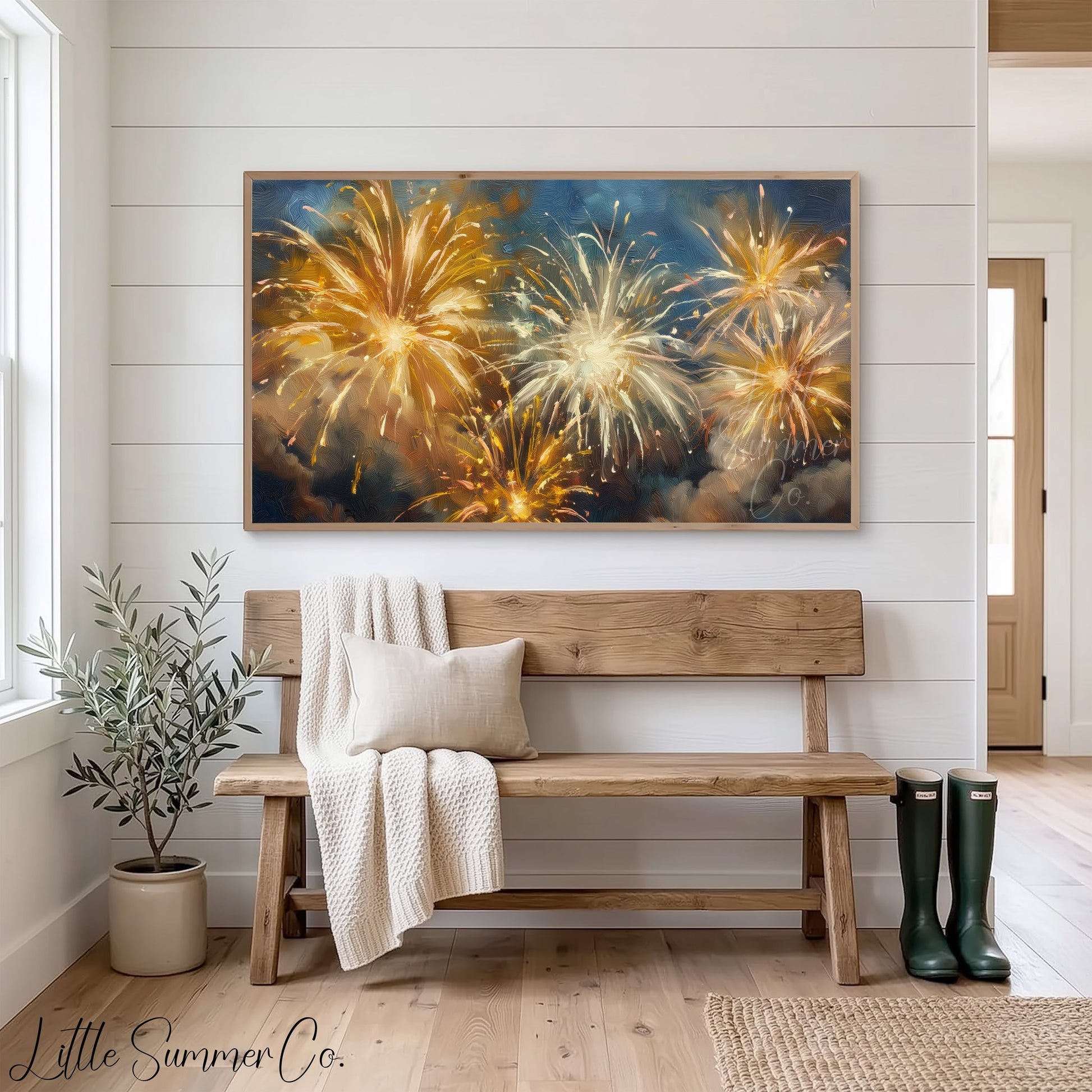 Golden Fireworks Night Sky Frame TV Art displayed on a TV