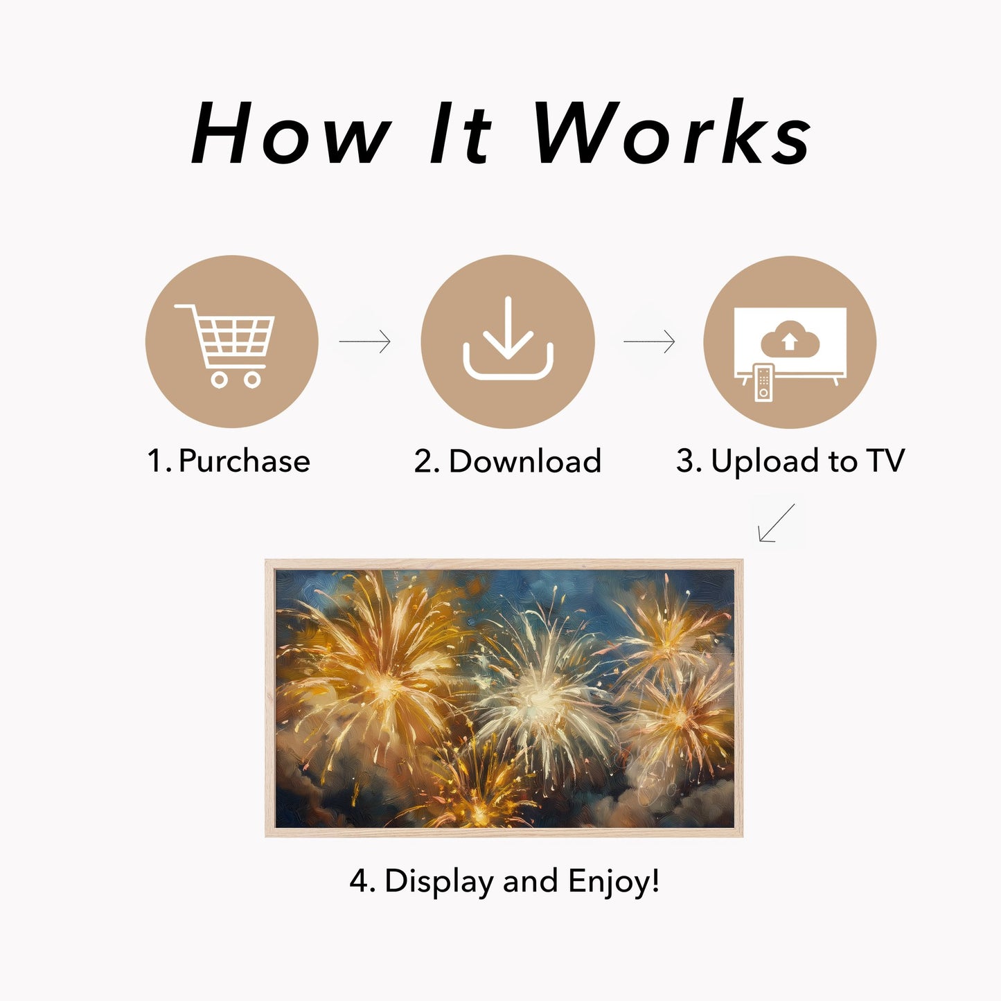 Golden Fireworks Night Sky Frame TV Art displayed on a TV