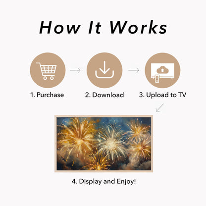Golden Fireworks Night Sky Frame TV Art displayed on a TV
