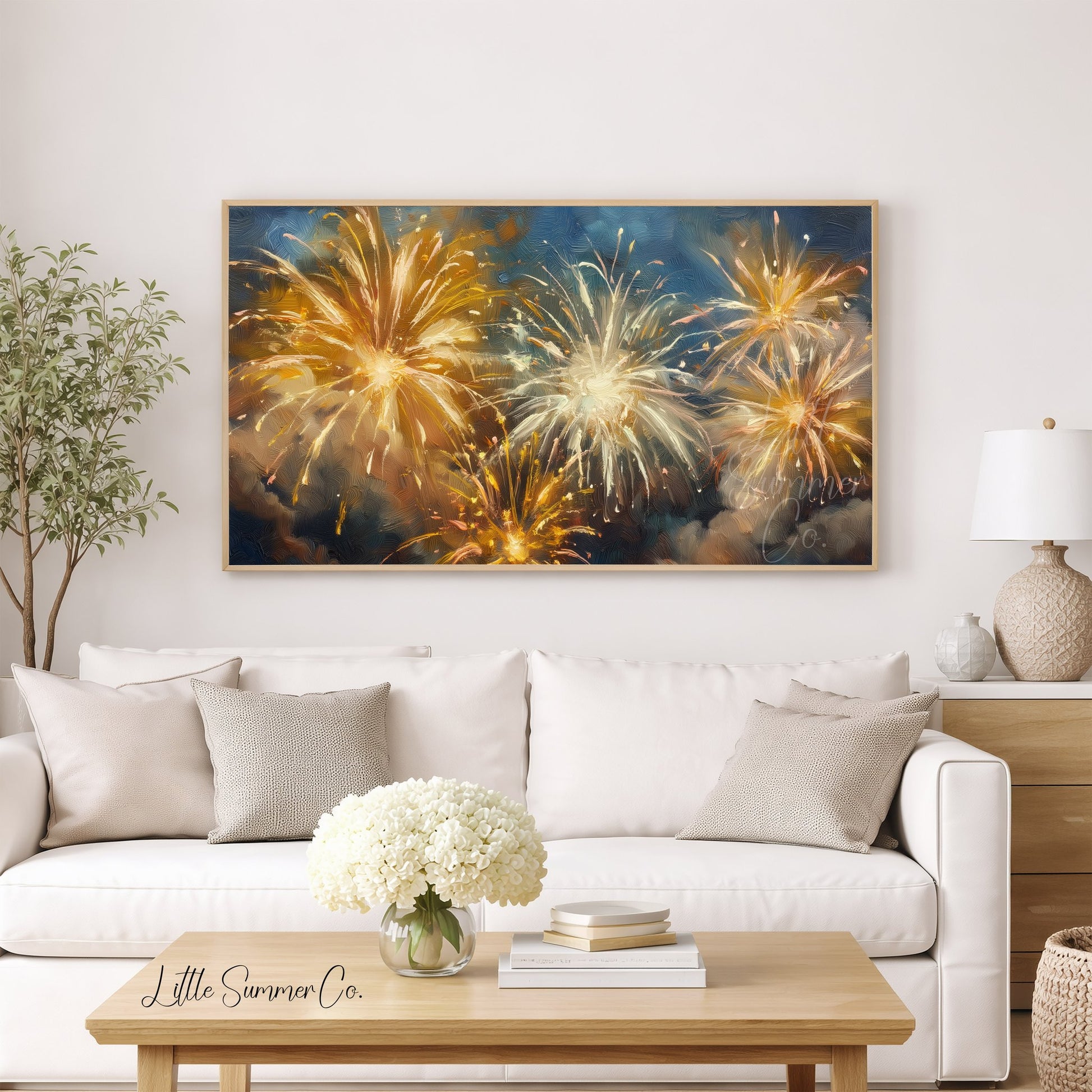 Golden Fireworks Night Sky Frame TV Art displayed on a TV