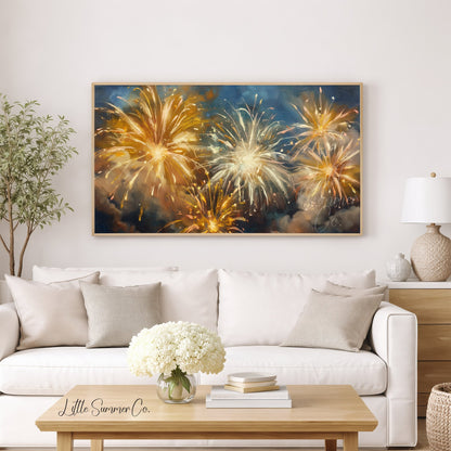 Golden Fireworks Night Sky Frame TV Art displayed on a TV
