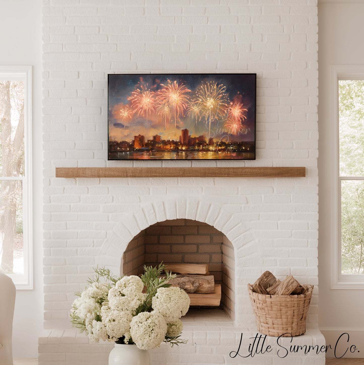 Fireworks Over City Waterfront Frame TV Art displayed on a TV