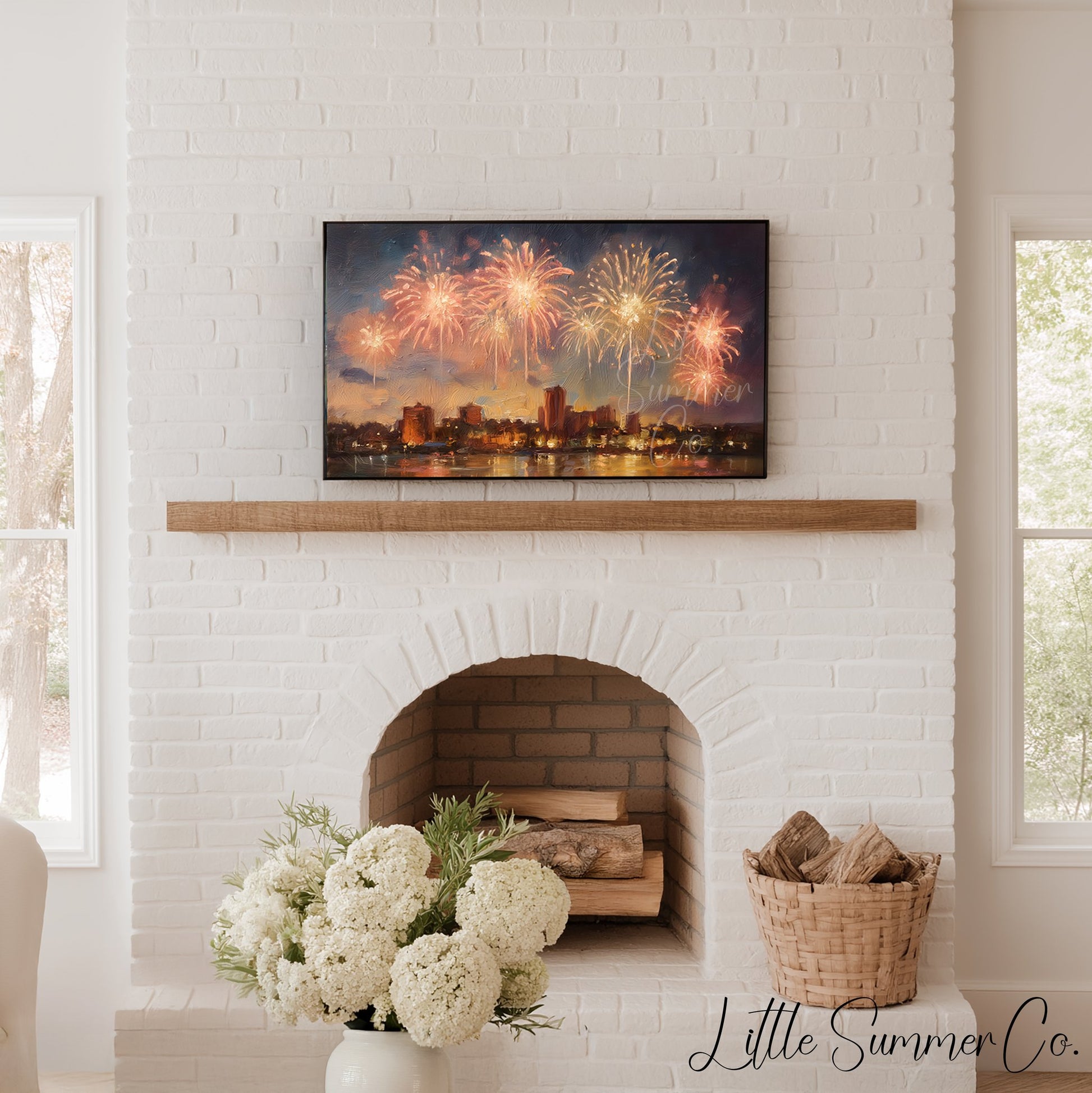 Fireworks Over City Waterfront Frame TV Art displayed on a TV