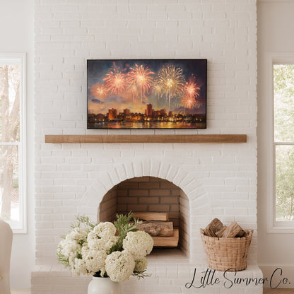 Fireworks Over City Waterfront Frame TV Art displayed on a TV