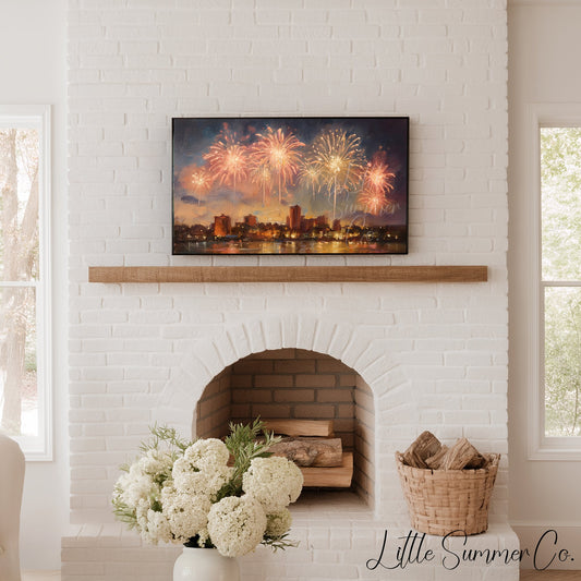 Fireworks Over City Waterfront Frame TV Art displayed on a TV