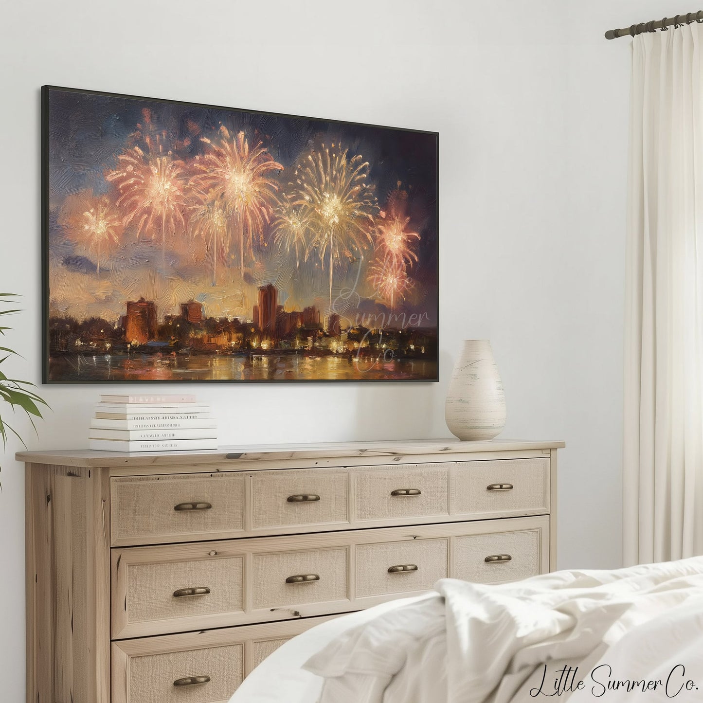 Fireworks Over City Waterfront Frame TV Art displayed on a TV
