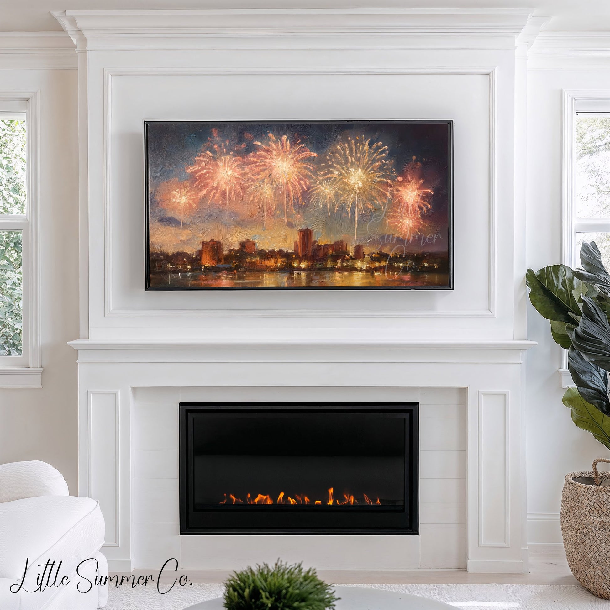 Fireworks Over City Waterfront Frame TV Art displayed on a TV