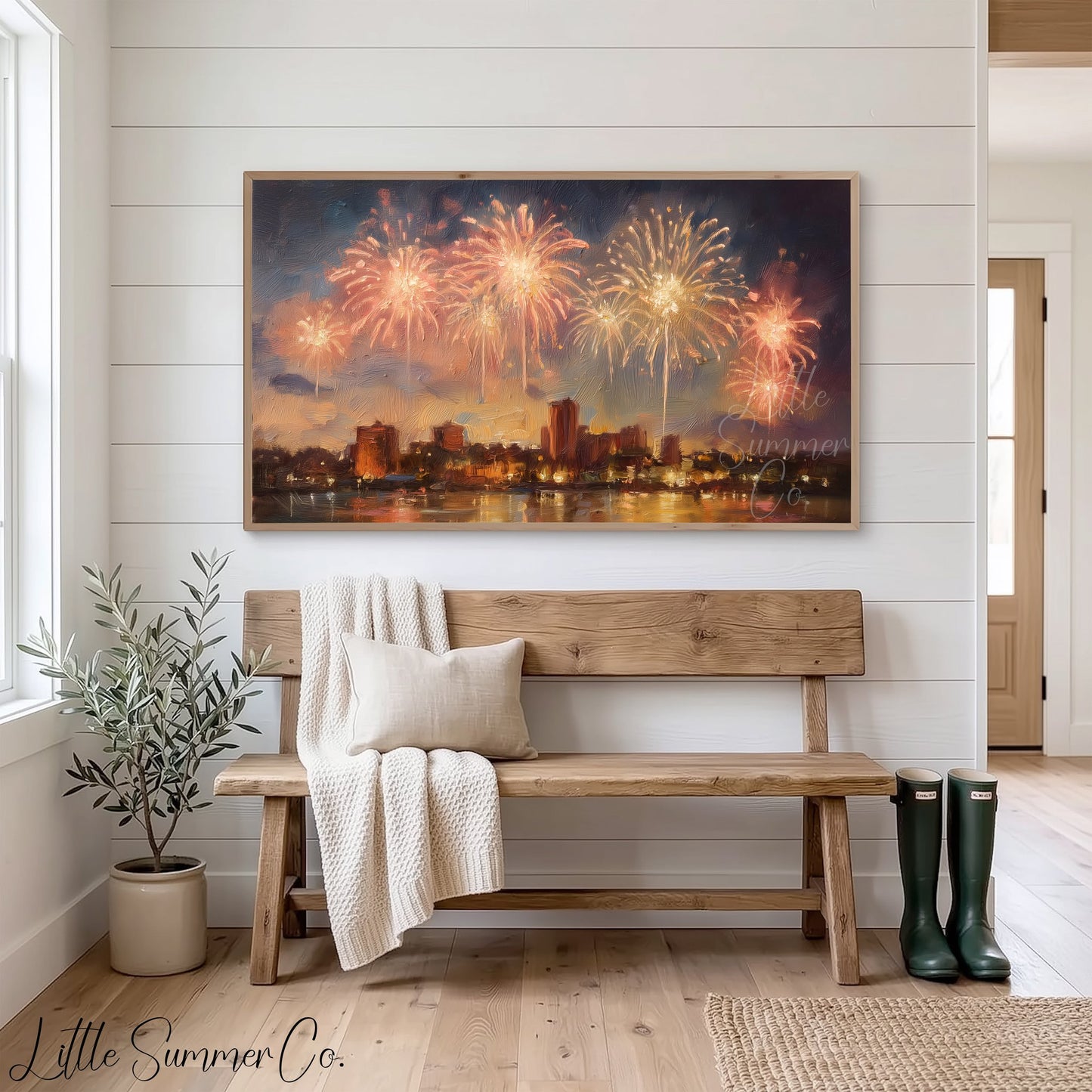 Fireworks Over City Waterfront Frame TV Art displayed on a TV