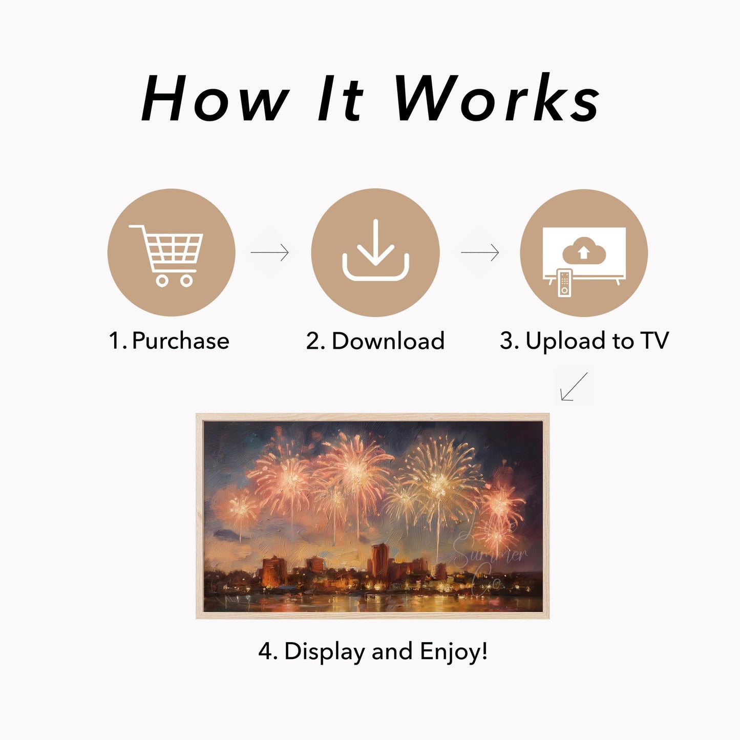 Fireworks Over City Waterfront Frame TV Art displayed on a TV