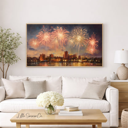 Fireworks Over City Waterfront Frame TV Art displayed on a TV