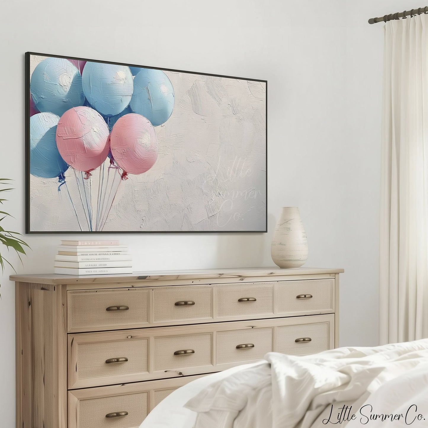 Pink Blue Balloons Bunch Frame TV Art displayed on a TV